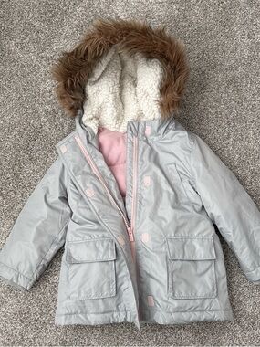 Light Gray Kids Faux Fur Hooded Winter Coat with Pink Accents
